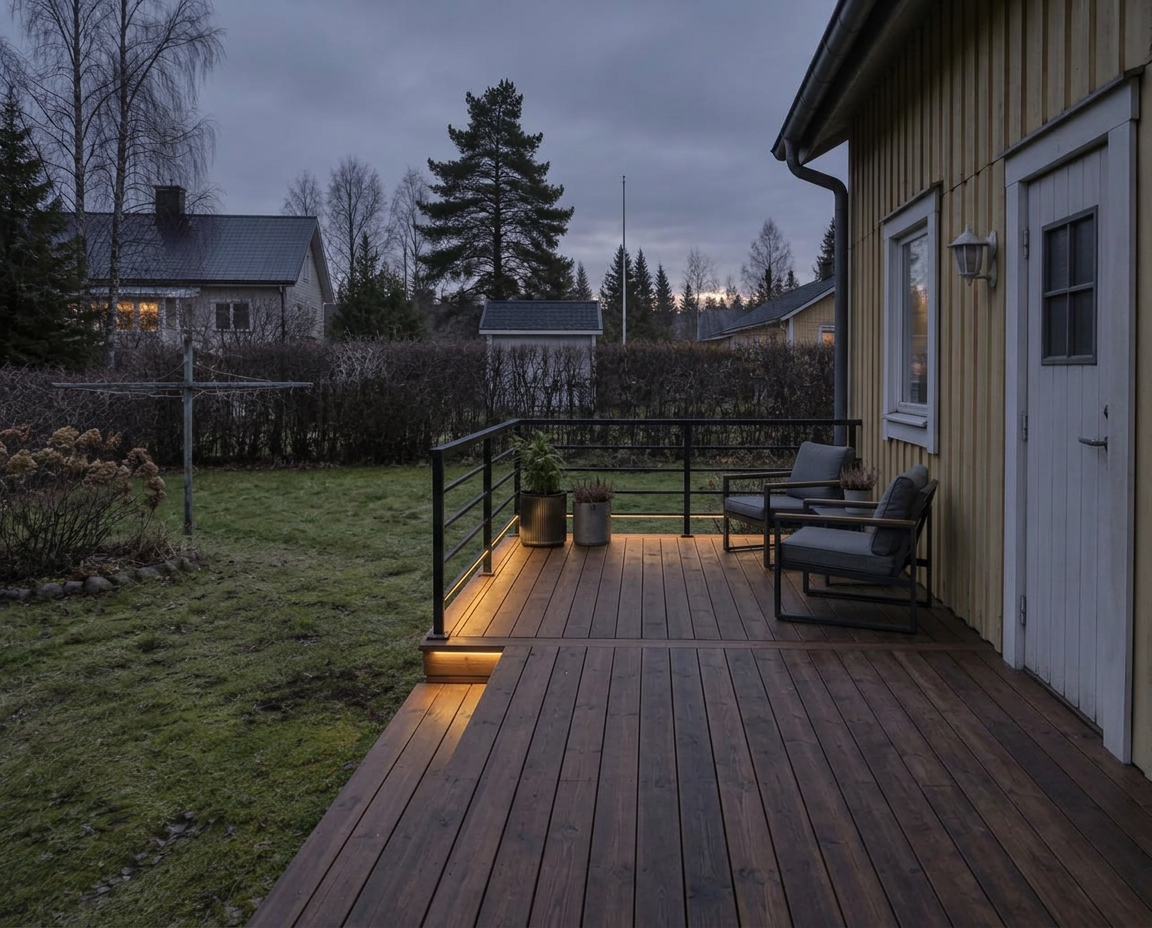 Espoo · nurmikko → Thermowood-terassi LED-valaistuksella — jälkeen